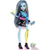 Monster High - Frankie Stein, bambola con maglia corta e gonna in pelle nera, con cagnolina Watzie e 7 accessori inclusi tra cui auricolari, marsupio e snack, 4+ anni, JHK31