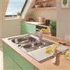 GROHE K200 Lavello da cucina in acciaio inox 1,5 vasche con gocciolatoio 965 x 500 mm e miscelatore da cucina GROHE Start Eco cromo a bocca bassa più tagliere in vetro GROHE bianco 450 mm
