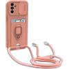 yanasuo Cover con Collana Compatibile con Samsung Galaxy S24 Plus, Cover con Pratico Cordino, Slidable Protezione Fotocamera Slot Carte 360° Anello Supporto, Pink