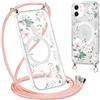 Yoedge Magnetica Cover con Cordino per iPhone 12/iPhone 12 Pro 6,1 Compatibile con MagSafe, Custodia con Corda Collana Tracolla Laccio,Trasparente Silicone Antiurto Case con Aesthetic Disegni 3-Fiori