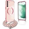 Pnakqil per Magnetica Cover per Samsung Galaxy S22 Plus 5G con Cordino, Compatibile con MagSafe, Ultra Sottile Cuore Silicone Custodia con Laccio Tracolla, Elettrolitico TPU Case con Collana, Rosa