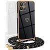 YAMCCCSE Cover per iPhone 11 con Collana Amore Cuore Custodia per Silicone Sottile Laccio Tracolla Case con Protezione Fotocamera Dorata Placcatura Cornice Paraurti, Nero