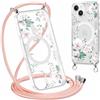 Yoedge Magnetica Cover con Cordino per iPhone 14/iPhone 13 6,1 Compatibile con MagSafe, Custodia con Corda Collana Tracolla Laccio, Trasparente Silicone Antiurto Case con Aesthetic Disegni 3-Fiori
