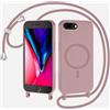 xinyunew Magnetica Cover con Cordino per iPhone 6 Plus/iPhone 7/8 Plus,[Compatibile con MagSafe], Cover in Silicone, Regolabile Cordino da Collo Nylon Catena Collana Tracolla,rosa intenso