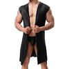 OBiQuzz - Accappatoio da uomo, leggero, senza maniche, tinta unita, abbigliamento da casa, soffice, sexy, accappatoio da sauna, medio-lungo, da viaggio, Nero , XL