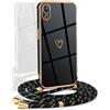 YAMCCCSE Cover per iPhone XR con Collana Amore Cuore Custodia per Silicone Sottile Laccio Tracolla Case con Protezione Fotocamera Dorata Placcatura Cornice Paraurti, Nero