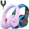 iClever Cuffie Bluetooth per bambini, Cuffie Bambini Senza Fili Over Ear con Illuminazione LED, Limitatore audio, tempo di riproduzione 55 ore, Bluetooth 5.2, microfono integrato per iPad/tablet/aereo