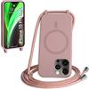 FMPCUON FNPCUON Cover Magnetica Silicone per iPhone 15 Pro Max con Cordino,Compatibile con MagSafe,Custodia con Laccio Collana Tracolla Collo Sottile TPU Antiurto Protettiva Case con Corda.Rosa