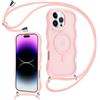 Knrlqim Magnetica Cover con Cordino per iPhone 14 Pro Max, Compatibile con Magsafe,Custodia con Laccio Collana Tracolla Corda,Cornice Ondulata Traslucida Opaca Antiurto Protettiva Case,Rosa