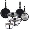 WELL HOME MOBILIARIO & DECORACIÓN Well Home Set di utensili da cucina da 5 pezzi in acciaio inox + 3 padelle Ø16Ø20Ø24 cm nero in alluminio pressato