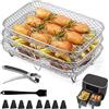 TechVizrs Cestelli per Friggitrice ad Aria, 3 Pezzi Cestello per Friggitrice ad Aria | 304 in Acciaio Inox, Calda Accessori 3 Strati Impilabili Cestelli con Clip per Forno a Microonde (Quadrato)