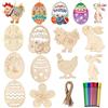 Gyvazla Artigianato in legno di Pasqua, Gyvazla 50PCS Ornamenti non finiti Uovo di Pasqua Bunny Pollo Fiore a forma di appeso Ritagli di Pasqua in legno con 12 pennarelli colorati