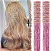 FESHFEN Tinsel Extension Capelli con clip, 12 Pezzi Glitter per Capelli Accessori da Festa e Look Fatina Kit Strass per Donne, Rosa 50 cm