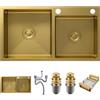 OMGMTSTORE Lavello da cucina con 2 vasche da 75 x 40 cm, in acciaio inox dorato, con 2 fori per rubinetto, grande lavandino da cucina, lavello da incasso con scolapiatti, dispenser di sapone, sifone e