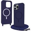 Bigcousin Magnetica Cover con Cordino per iPhone 15 Pro,[Compatibile con MagSafe], Cover in Silicone, Regolabile Cordino da Collo Nylon Catena Collana Tracolla,Blu