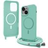Bigcousin Magnetica Cover con Cordino per iPhone 15 Plus,[Compatibile con MagSafe], Cover in Silicone, Regolabile Cordino da Collo Nylon Catena Collana Tracolla,Verde menta