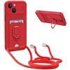 YFSYLL Cover Compatibile con iPhone 13 con Cordino,Custodia con Cordino Silicone Cover,Protezione Fotocamera,360°Anello Supporto,Porta Carte,Rosso