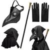MAINOSHY Set di 4 accessori per costumi di Halloween, maschera da medico della peste con becco lungo e mantello nero con cappuccio, guanti neri, scettro da re per feste in costume di Halloween