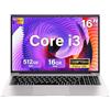bvate 2025 PC Portatile Gaming 16GB RAM 512GB 1TB SSD Espansione Core i3 (fino a 3,2Ghz) Notebook 16 Pollici Computer Portatile 1920 * 1200 IPS UHD 5G WiFi con mouse & adesivi per tastiera Italiana-Argento