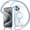 Pnakqil Magnetica Cover con Cordino per iPhone 15 Pro Max, Compatibile con Magsafe Ricarica Wireless, Placcatura Disegno Custodia con Collana con Regolabile Laccio Tracolla, Azzurro/Blu