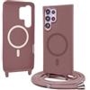 Bigcousin Magnetica Cover con Cordino per Samsung Galaxy S23 Ultra,[Compatibile con MagSafe], Cover in Silicone, Regolabile Cordino da Collo Nylon Catena Collana Tracolla,Rosa Gold