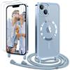 Ethanger Magnetica Cover con Cordino per iPhone 13/iPhone 14 Custodia con 2 Vetro Temperato, Trasparente Ultra Sottile Antiurto Silicone Protettiva Cover con Laccio per iPhone 13/14 Blu