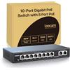 Loocam Switch PoE 10 porte Gigabit, 8 Porte PoE+ con 2 porta Gigabit Uplink, PoE+ 1000Mbps, Ethernet Switch di Rete non Gestito 96W IEEE802.3af/at, Involucro in Metallo Resistente, Plug & Play