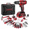 DEKO Cassetta Attrezzi Completa con Trapano Avvitatore Batteria 20V, 186 Pezzi, Set Completo di Punte(Rosso)