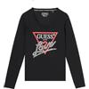 GUESS Maglia a Maniche Lunghe, Scollo a U, con Stampa avanti del Logo e Scritta Love di Perline e Strass, vestibilità Aderente. (IT, Testo, M, Regular, Regular, Nero)