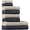 Tuiste Set Asciugamani Bagno Grigio Scuro - Beige, Hotel, Cotone, 2 Telo Doccia 70x140cm + 4 Asciugamani 50x90cm + 2 Asciugamani Ospiti 30x50cm, Asciugamani Bagno Viso e Bidet, Morbidi, Assorbenti