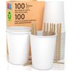 Baciato Caffè 100 Bicchieri in Carta 200ml in Carta con Palette Monouso Bevande Calde e Fredde, Tè Infusi Acqua Ecologici, Biodegradabili Tazze Monouso Colorate + 100 Palette da 11cm in Legno di Betulla