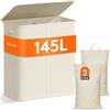 Lifewit 145L Cesto Portabiancheria con Coperchio, Grande Cesta Portabiancheria a 2 Scomparti, Portabiancheria Sporca con Manici in Bambù e 2 Sacco per la Biancheria Rimovibile, Bianco