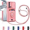 Aithne Cover Compatibile con Samsung Galaxy A54 5G, Slidable Protezione Fotocamera, 360°Anello Support Slot Schede Cordino Collana Necklace Silicone Case - Pink