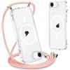Yoedge Magnetica Trasparente Cover per iPhone 17e / iPhone 16e con Cordino,[Compatibile con MagSafe] Custodia con Collana Sottile Silicone TPU + PC Antiurto Bumper Protettivo Case con Magneti,Oro Rosa