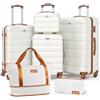 Ystyle Set 6 Valigie da Viaggio (57/67/77cm) e Beauty Case Rigide Valigia in ABS Trolley con 4 Ruote & TSA lucchetto, Borsone da Viaggio Espandibile, Borsa da Toilette, Bianco Marrone