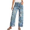 generic Jeans da donna vintage con ricamo floreale a gamba dritta, leggeri, estivi, comodi, elasticizzati, casual, a vita alta, gamba larga, per abiti bohémien, BU1., XXL