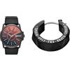 Diesel orologio da uomo Master Chief in pelle nera e orecchini in acciaio inossidabile, set