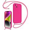 Coalbooliy Cover per iPhone 14 Plus 6,7 con Cordino per Cellulare, Custodia Silicone con Regolabile Collana Sottile Morbida Case Protezione della fotocamera Antiurto con Necklace, Rosa Rossa