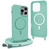 YFSYLL Magnetica Cover per iPhone 15 Pro con Cordino,Compatibile con MagSafe,Silicone Case con Regolabile Cordino da Collo Nylon Catena Collana Tracolla - Verde menta