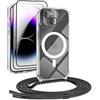 DiDaDi Custodia magnetica Cover per iPhone 15 con cordino [compatibile con MagSafe] 2 pellicole protettive, 1 protezione per fotocamera in vetro, Collana con cordino regolabile (nero)