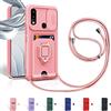 Aithne Cover Compatibile con Samsung Galaxy A20/A30, Slidable Protezione Fotocamera, 360°Anello Support Slot Schede Cordino Collana Necklace Silicone Case - Pink