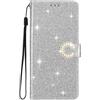 EuoDuo Cover Glitterata per Xiaomi Redmi 9C Custodia Pieghevole in Pelle PU Strass di Cristallo Fiore Flip Caso Magnetica Portafoglio Telefono Pochette Donna - Argento