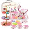 JurciCat 46 Pezzi Set da tè per Bambini Accessori per Cucina Giocattolo Valigetta con Giocattoli da Dessert con Tazze Piatti e Accessori Servizio da tè Completo per Regalo Giocattoli Bambine 3-9 Anni