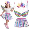 NXPZ Set di 4 pezzi per unicorno, ragazza, principessa, abito da principessa unicorno, costume da gioco di ruolo con gonna tutù, fascia, ali e bacchetta magica per ragazza regalo 3-8 anni