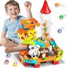 burgkidz Piste per Biglie con Ascensore Motorizzato, 4 in 1 Set Labirinto per Biglie, 92 pezzi Blocchi da Costruzione di Animali, Percorsi per Biglie, Regalo Didattico per Bambini dai 3 ai 7 anni