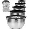 Terlulu Set di 5 ciotole in acciaio inox con coperchio, 4,7 l/2,8 l/1,9 l/1,4 l/0,6 l, set di ciotole per cucinare/cuocere, conservare, impilabili e lavabili in lavastoviglie, con grattugia