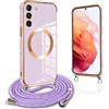 Pnakqil per Magnetica Cover per Samsung Galaxy S21 5G con Cordino, Compatibile con MagSafe, Ultra Sottile Cuore Silicone Custodia con Laccio Tracolla, Elettrolitico TPU Case con Collana, Viola