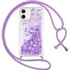 Vauki Cover per iPhone 12 Mini con Cordino, Trasparente Glitter Liquido Antiurto Brillantini Tracolla Custodia, Silicone Bumper Laccio Sabbie Donna Protettivo Case per iPhone 12 Mini, Viola