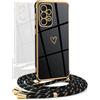 YAMCCCSE Cover per Samsung Galaxy A23 5G / 4G con Collana Amore Cuore Custodia per Silicone Sottile Laccio Tracolla Case con Protezione Fotocamera Dorata Placcatura Cornice Paraurti, Nero
