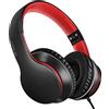 LORELEI X6 - Cuffie over-ear con microfono, leggere, pieghevoli e portatili, con bassi stereo e cavo da 1,45 m, senza groviglio, cuffie cablate per smartphone, tablet MP3/4 (nero-rosso)